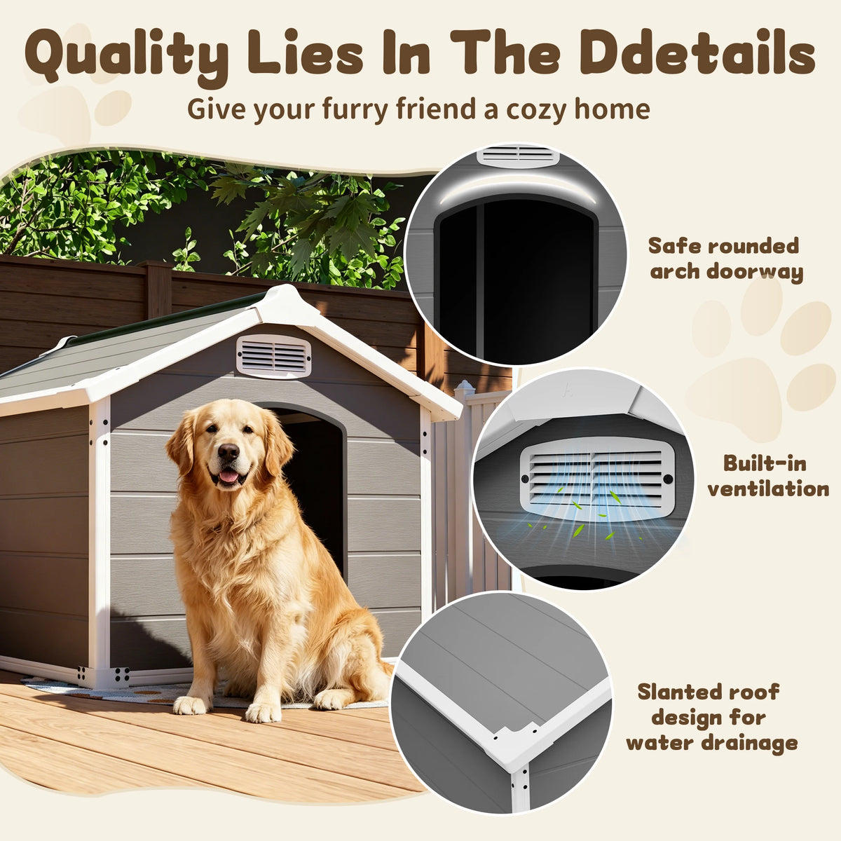 50.5 inch Heavy Duty Large Dog House PP Board Waterproof UV Scratch Resistant Front Rear Vents Easy Clean Indoor Outdoor