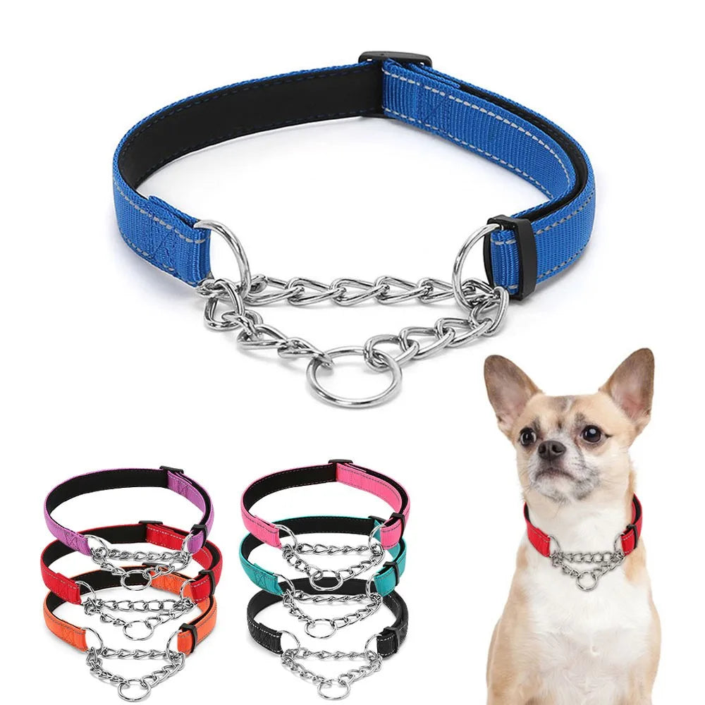 Stainless Steel Chain Martingale Collar Adjustable Dog Chain Reflective Nylon Fabric Pet Collars For Small Medium Large Dogs