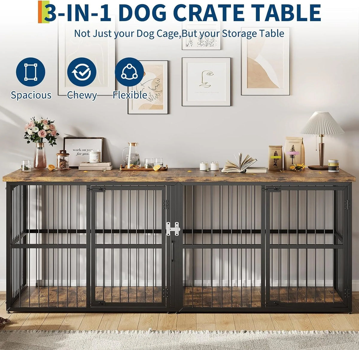 87" Extra Large Double Dog Crate Furniture with Divider, Wooden Indoor Dog Kennel Cabinet with 3 Doors Storage Top for 2 Dogs
