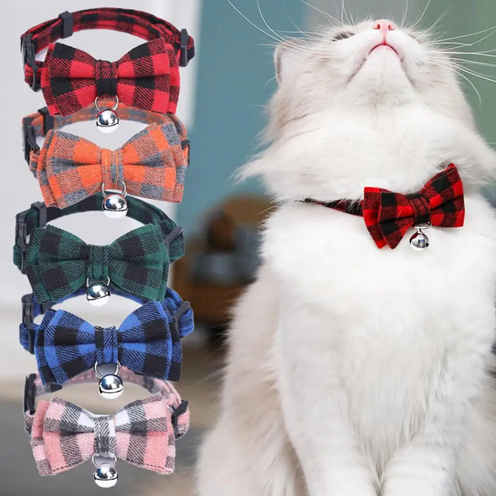Kitten Collar Bowknot Necklace Adjustable Dog Collar Pet Collars Pet Supplies Christmas Safety Buckle Plaid Pets Cat Collar