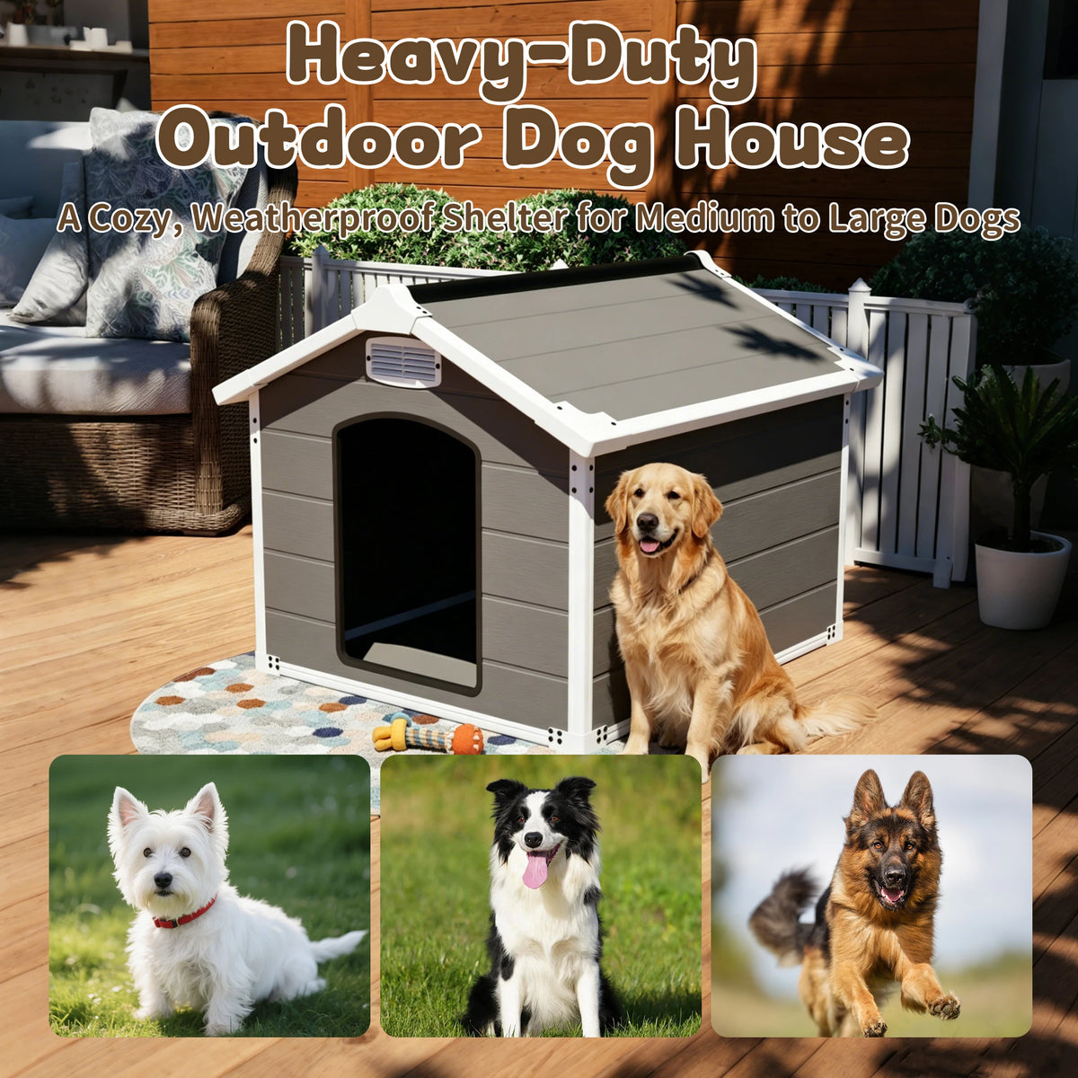 50.5 inch Heavy Duty Large Dog House PP Board Waterproof UV Scratch Resistant Front Rear Vents Easy Clean Indoor Outdoor