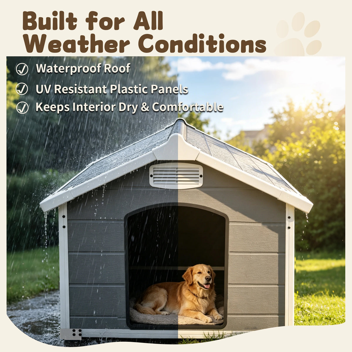 50.5 inch Heavy Duty Large Dog House PP Board Waterproof UV Scratch Resistant Front Rear Vents Easy Clean Indoor Outdoor
