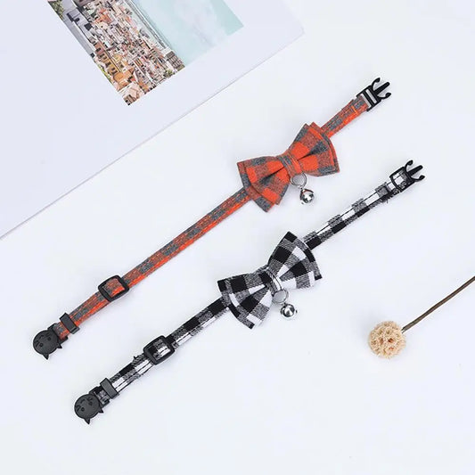Kitten Collar Bowknot Necklace Adjustable Dog Collar Pet Collars Pet Supplies Christmas Safety Buckle Plaid Pets Cat Collar