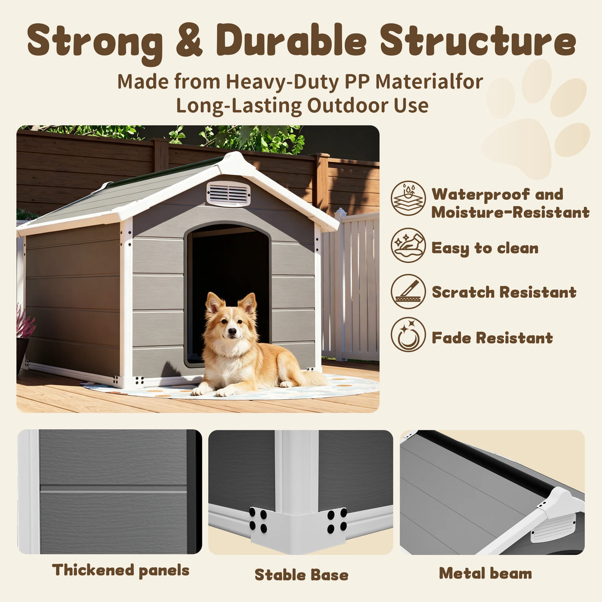 50.5 inch Heavy Duty Large Dog House PP Board Waterproof UV Scratch Resistant Front Rear Vents Easy Clean Indoor Outdoor