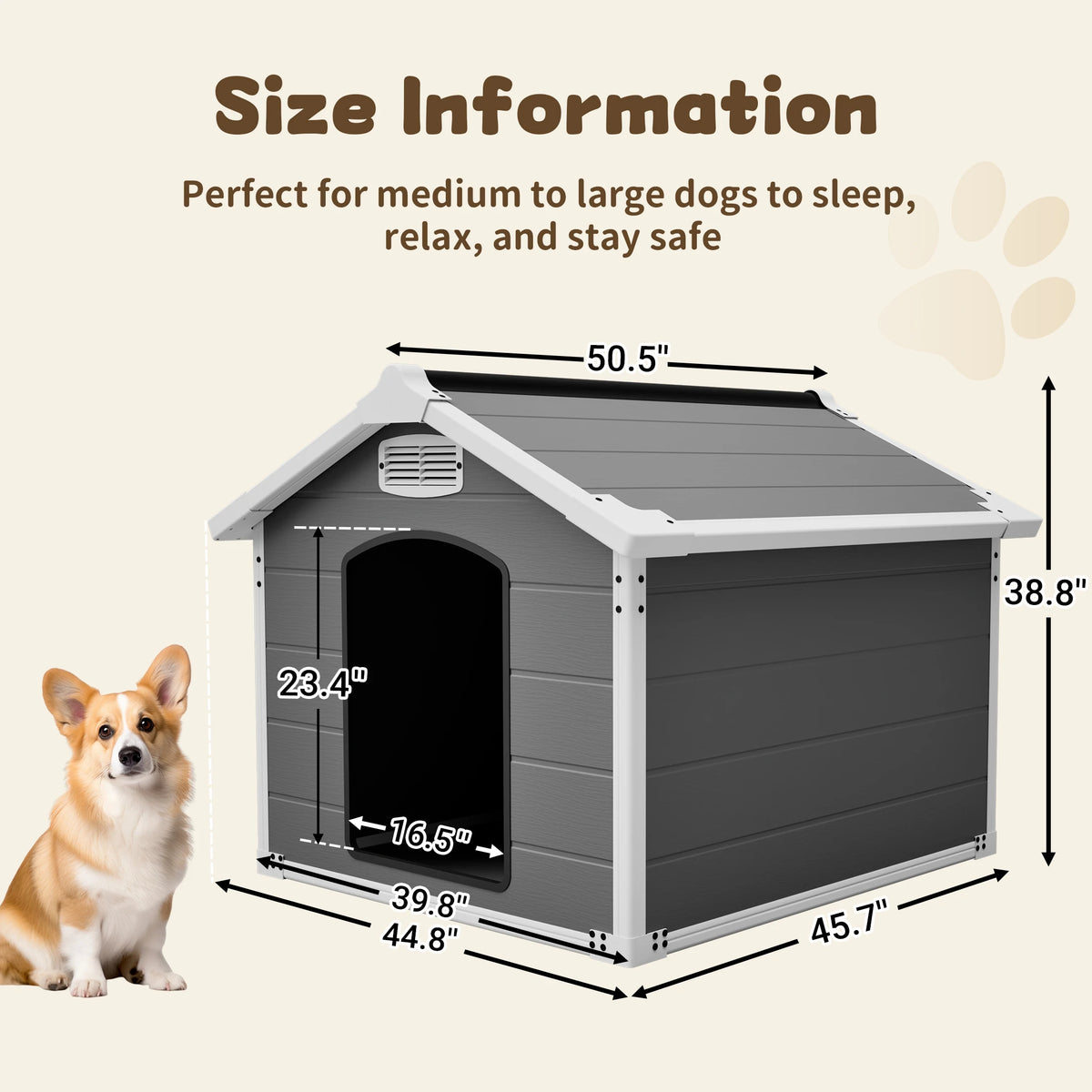 50.5 inch Heavy Duty Large Dog House PP Board Waterproof UV Scratch Resistant Front Rear Vents Easy Clean Indoor Outdoor